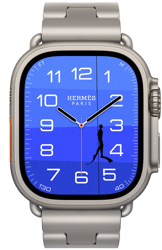 Apple Watch Hermès Ultra 4, esfera analógica Fathom and Wonder (aguja horaria, minutero y segundero, complicación Profundidad, con una boya naranja que flota sobre un océano turquesa con un degradado de azul claro a oscuro), caja de titanio, color natural, lateral derecho, Digital Crown, botón lateral elevado, con la correa Grand H Titane, color Gris Titane