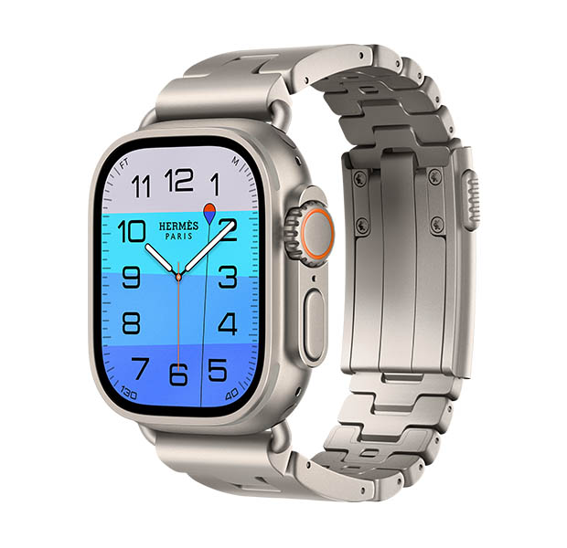 Apple Watch Hermès Ultra 4, esfera analógica Fathom and Wonder (aguja horaria, minutero y segundero, complicación Profundidad, con un buzo que nada hacia abajo en un mar con un degradado de azul claro a oscuro), caja de titanio, color natural, lateral derecho, Digital Crown, botón lateral elevado, con la correa Grand H Titane, color Gris Titane