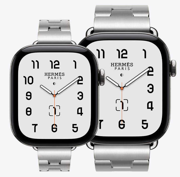 Apple Watch Hermès Series 12, modelos de 42 y 46 mm, esfera analógica clásica (aguja horaria, minutero y segundero, complicaciones: fase lunar, fecha), caja de titanio, color plata, caja de 42 mm con la correa Grand H Fin, color Satiné, caja de 46 mm con la correa Grand H, color Satiné