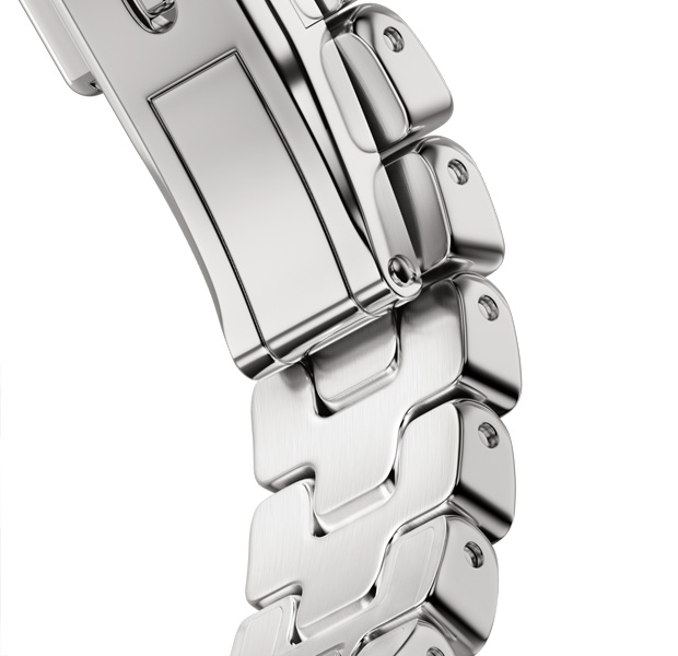 Detalle de la correa Grand H del Apple Watch Hermès Series 12, color Satiné, hebilla desplegable de metal