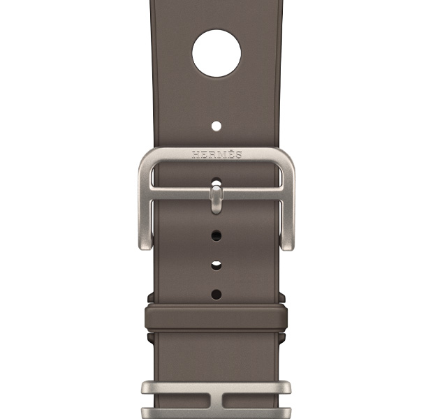 Correa Scub'H Diving del Apple Watch Hermès Ultra 4, color Gris Titane (gris), detalle del cierre, fabricada en goma suave moldeada, aberturas circulares en el centro