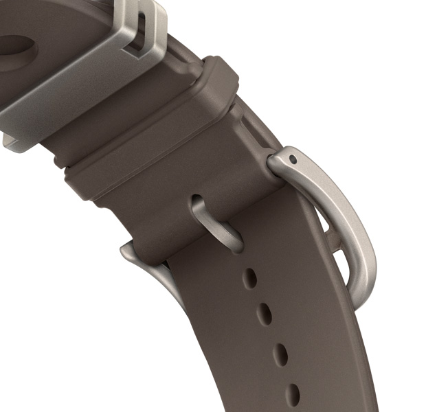 Correa Scub'H Diving del Apple Watch Hermès Ultra 4, color Gris Titane (gris), detalle de la parte inferior del cierre, fabricada en goma suave moldeada, aberturas circulares en el centro