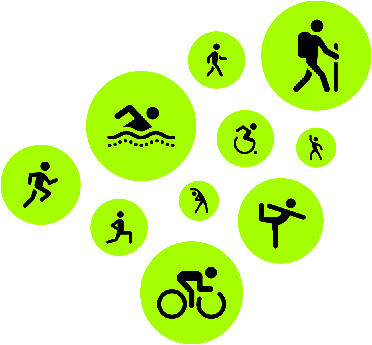 Trainingssymbole: Laufen, Gehen, Schwimmen, Wandern, Radfahren, Tanzen, Stretchen, Yoga