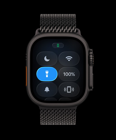 Apple Watch Ultra 3, black color, titanium case, Control Center, Flashlight button, Titianium Milanese Loop, black color