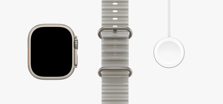 Apple Watch Ultra 4, caixa em titânio natural, ecrã total, Bracelete Ocean em cinzento translúcido, Cabo de carregamento magnético rápido USB‑C para Apple Watch