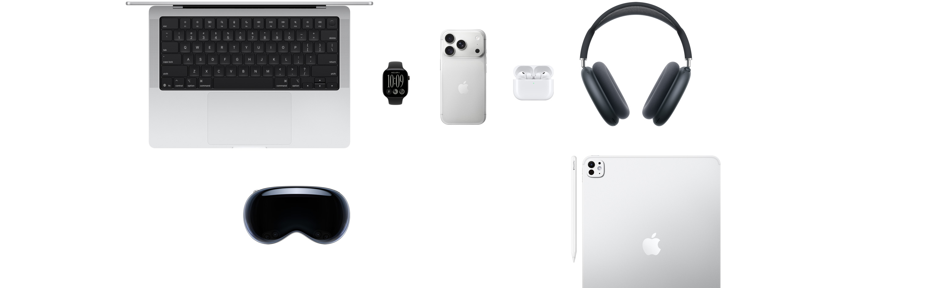 Verschiedene Apple Produkte, darunter ein MacBook, eine Apple Watch Series 12, ein iPhone 18 Pro, AirPods Pro 3, AirPods Max, Apple Vision Pro, ein Apple Pencil Pro und ein iPad Pro