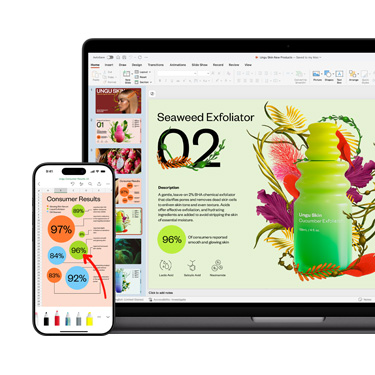 Pohled zepředu na Mac a iPhone, na kterých se zobrazují různé části stejné prezentace o přípravku na péči o pleť.