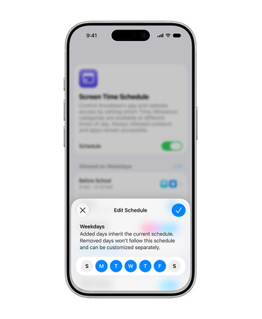 Ein iPhone zeigt die Benutzeroberfläche für die Zeitplanung an und fordert die Person auf, das tägliche Zeitbudget für einen Kinderaccount zu bearbeiten.