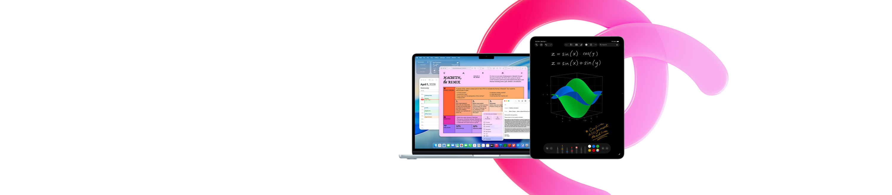MacBook Air con Pages, Calendario, Alerta y Mail en la pantalla junto a un iPad con ecuaciones escritas a mano en Notas Matemáticas, se muestra la productividad con las apps integradas