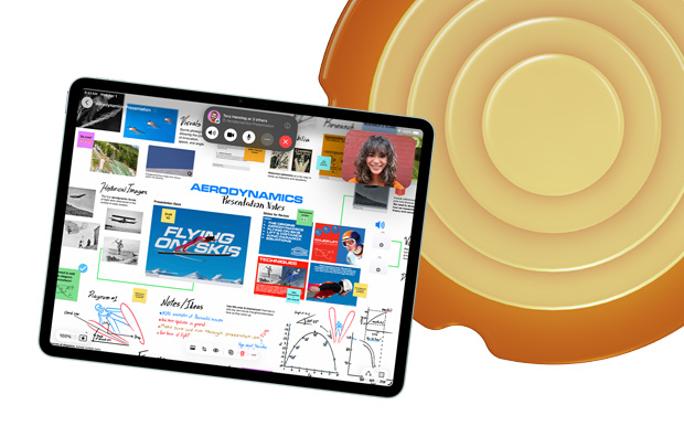 iPad, vista frontal, se muestran varios temas y bocetos en Freeform, como “Aerodinámica” y “Volar con esquís”