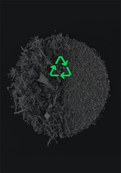 Pile of recycled aluminum scraps, green recycling icon