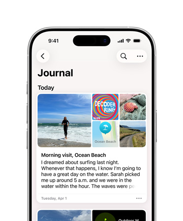 Aplikace Deník na iPhonu, otevřený záznam do denníku, obrázky z plážového dne a text o snech