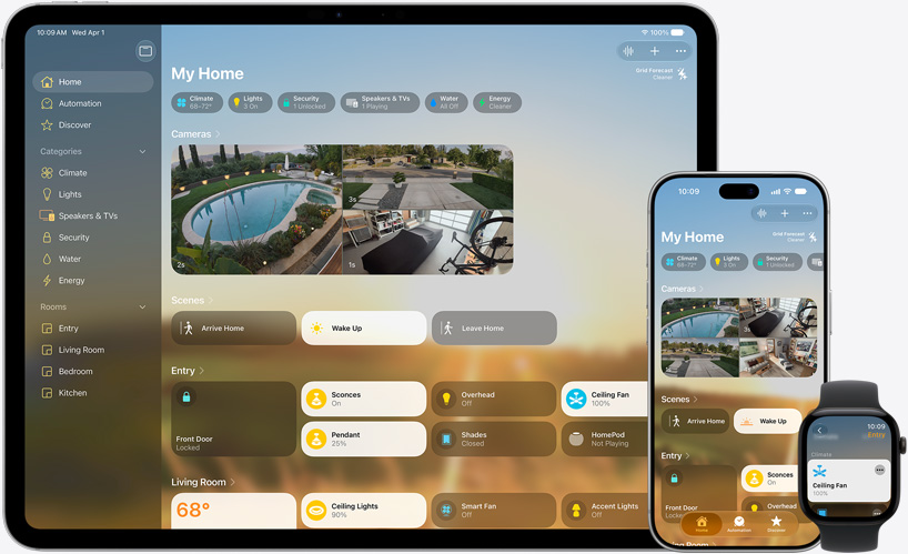 iPad, iPhone ve Apple Watch’ta Ev uygulaması açık ve her birinde kameraların, havalandırmanın, ortamların ve aygıt denetimlerinin yer aldığı Evim paneli gösteriliyor