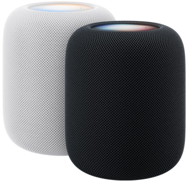 HomePod, zwei Geräte: in Weiß und in Mitternacht, jedes mit beleuchtetem Display oben