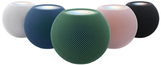 HomePod mini 2, mesh fabric, touch surface on top, available colours, white, blue, green, pink and midnight