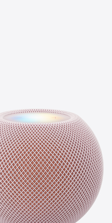 HomePod mini 2 i lyserød, nærbillede med oplyst skærm øverst