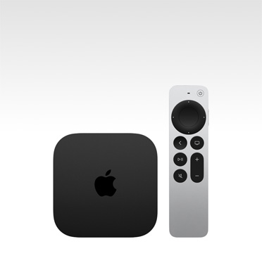 Sort Apple TV 4K vist ovenfra med Siri Remote i sølvfarve