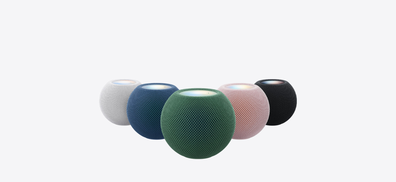 HomePod mini 2, all five colours: white, pink, green, blue, and midnight