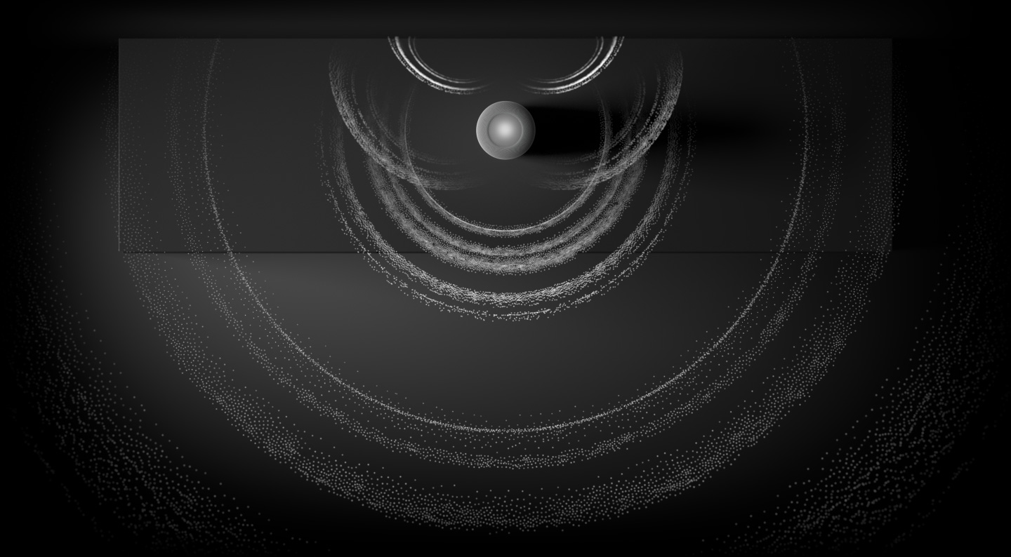 A visualisation of Spatial Audio, a bird’s-eye view of HomePod with rippling rings of sound particles emanating from it.