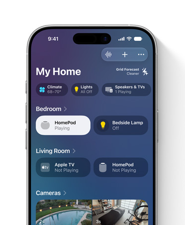 iPhone screen displays Home app, My Home view, accessory tiles for Bedroom and Living Room including lights and HomePod speakers