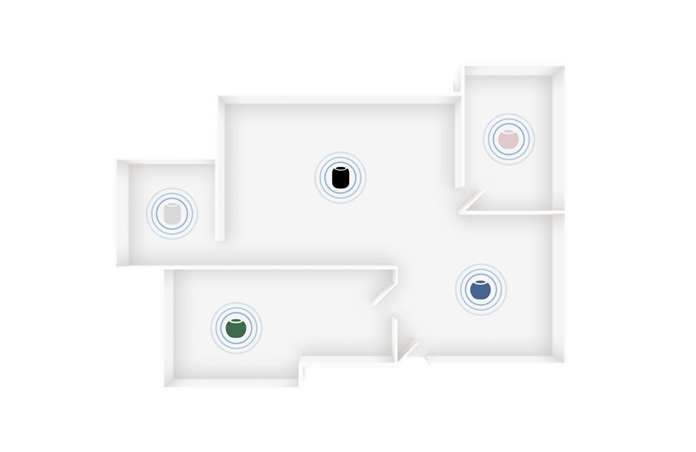 HomePod and HomePod mini 2 speakers in multiple colors placed in different rooms of a home floor plan