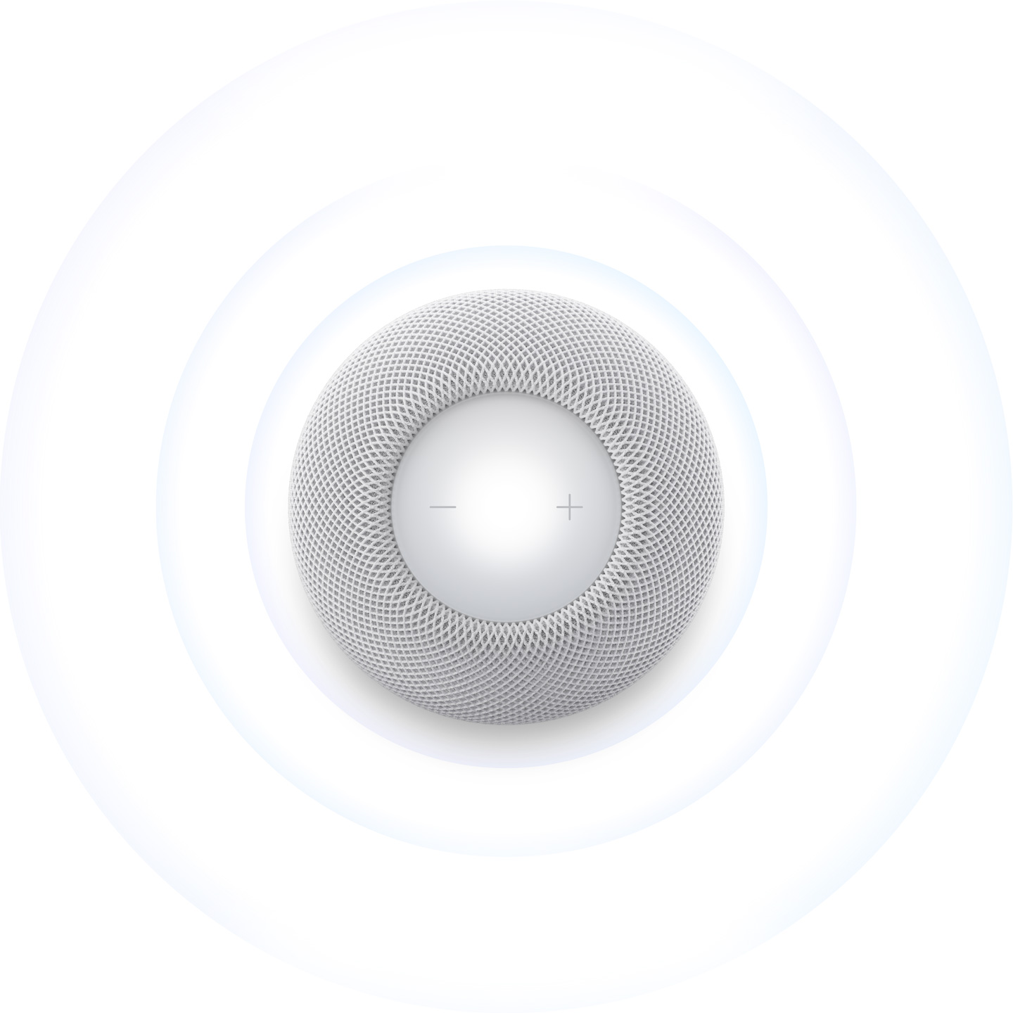 HomePod mini 2, white color, top exterior, soft blue concentric sound waves radiate outward from speaker