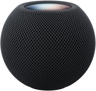 HomePod mini 2, midnight color, front exterior, compact spherical design, seamless acoustic mesh fabric. Top exterior, flat backlit touch surface, multi-colored illumination