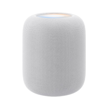 HomePod (2nd generation), white colour, front exterior, cylindrical design, seamless acoustic mesh fabric. Top exterior, flat backlit touch surface, multicoloured illumination