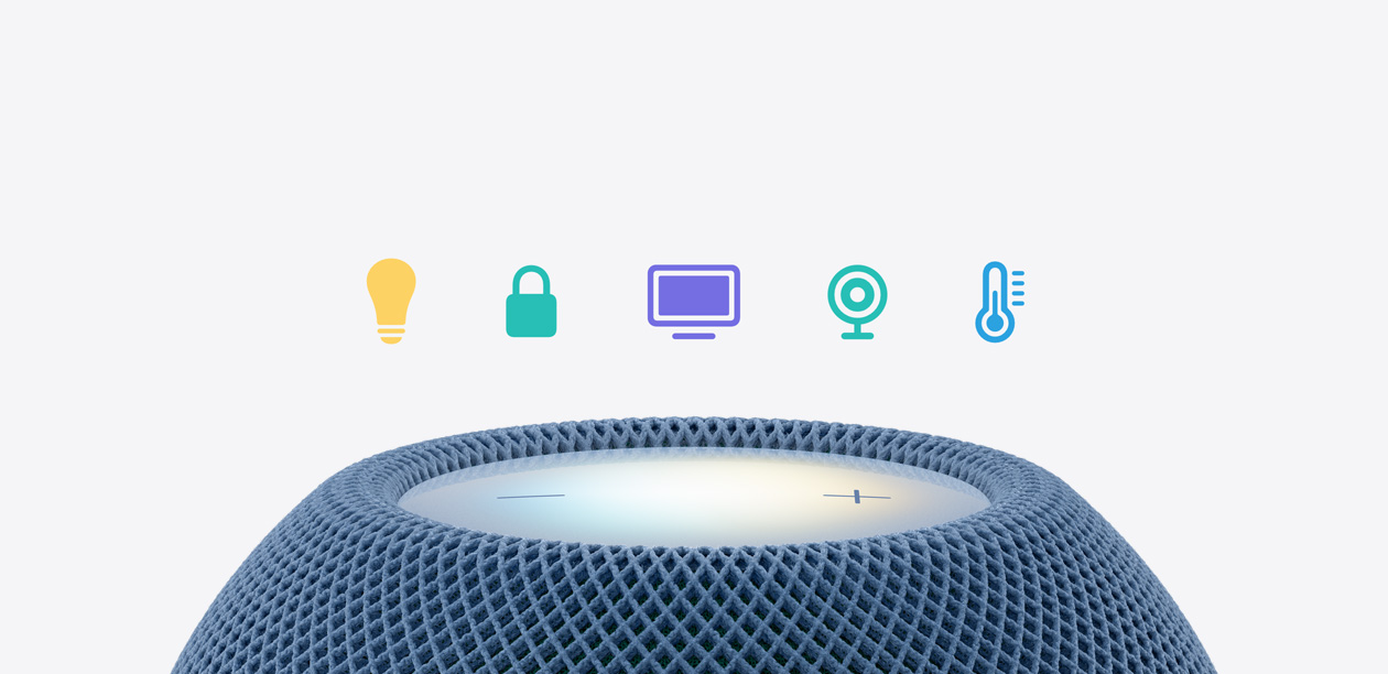 HomePod mini 2, top exterior, blue colour, illuminated touch surface, five smart home icons above: light bulb, padlock, television, security camera, thermometer