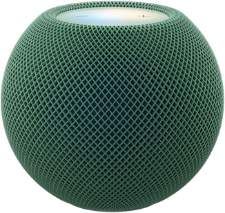 HomePod mini 2, green color (dark green), front exterior, compact spherical design, seamless acoustic mesh fabric. Top exterior, flat backlit touch surface, multi-colored illumination