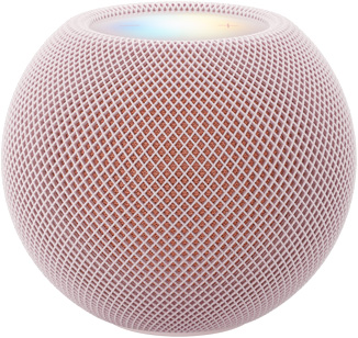HomePod mini 2, pink color (light pink), front exterior, compact spherical design, seamless acoustic mesh fabric. Top exterior, flat backlit touch surface, multi-colored illumination