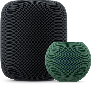 HomePod in midnight color beside HomePod mini 2 in green color, size comparison showing larger cylindrical HomePod next to compact spherical HomePod mini 2