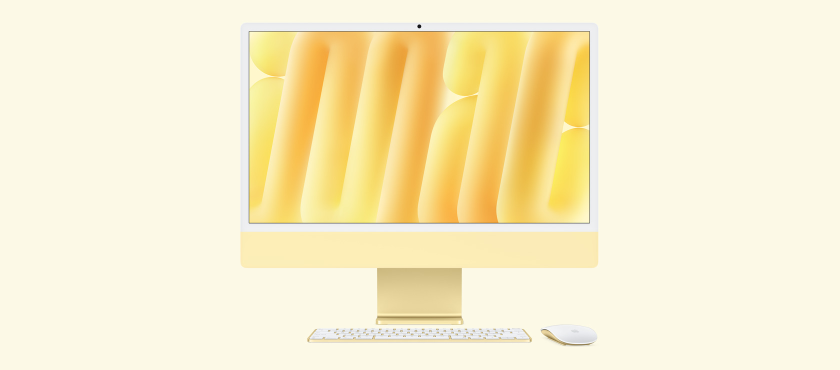 Kollane iMac eestvaates koos sama värvi hiire ja klaviatuuriga