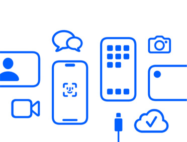 Apple 的各款裝置和各種功能，包括 iCloud、具備 Face ID 的 iPhone、充電線、相機 app、訊息 app。