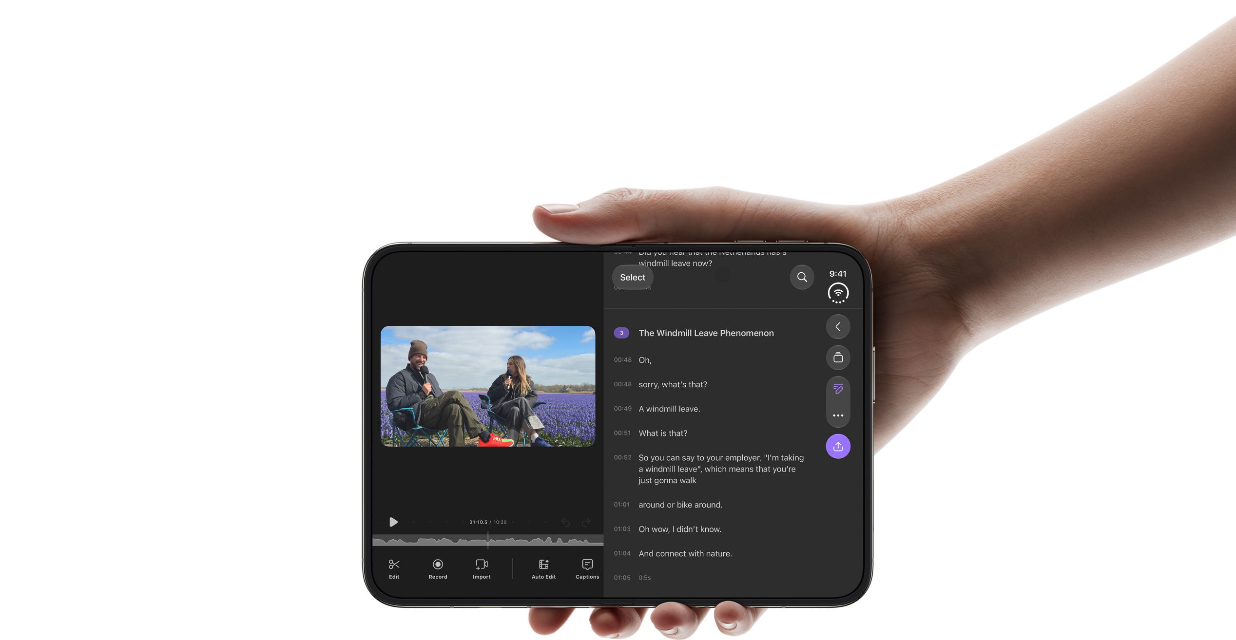 iPhone Duo, ตำแหน่งกางเปิดในแนวนอน, แสดงแอป iMovie บนจอภาพด้านใน