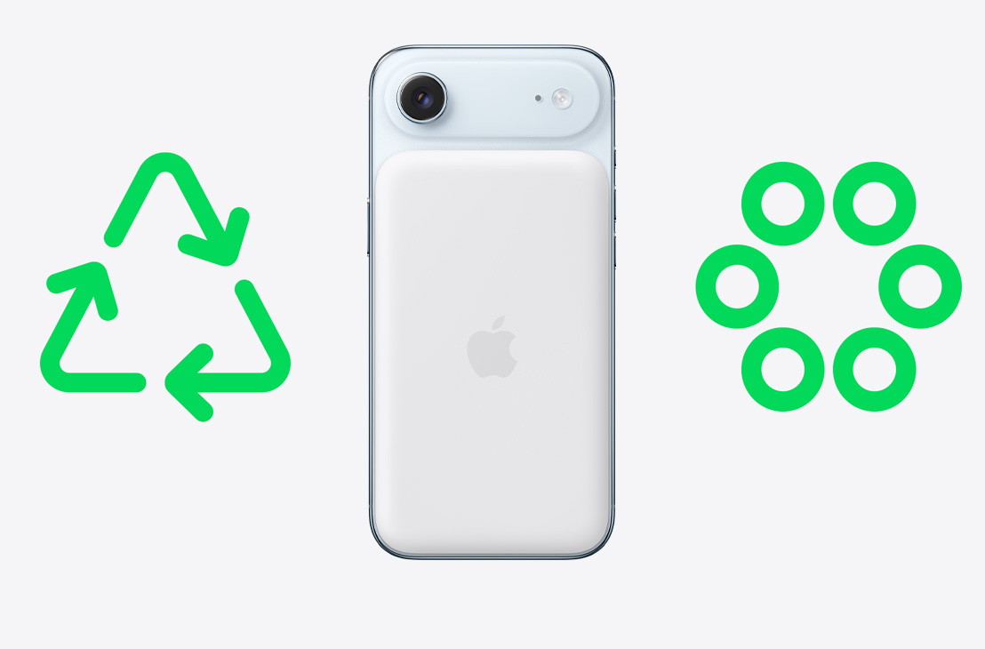 iPhone Air, sky blue color, back exterior, MagSafe Battery attached, centered between a green recycling symbol and six small green circles arranged in a circle