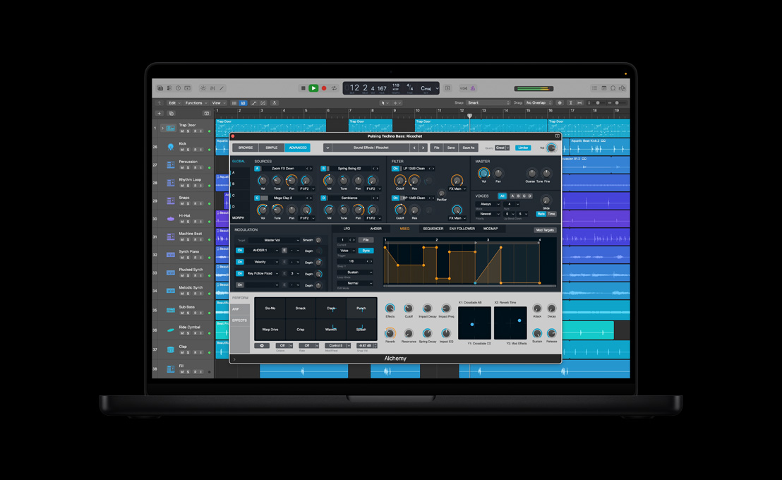 MacBook Pro 16 screen showing Alchemy, Pulsing Techno Bass: Ricochet window, advanced controls and effects