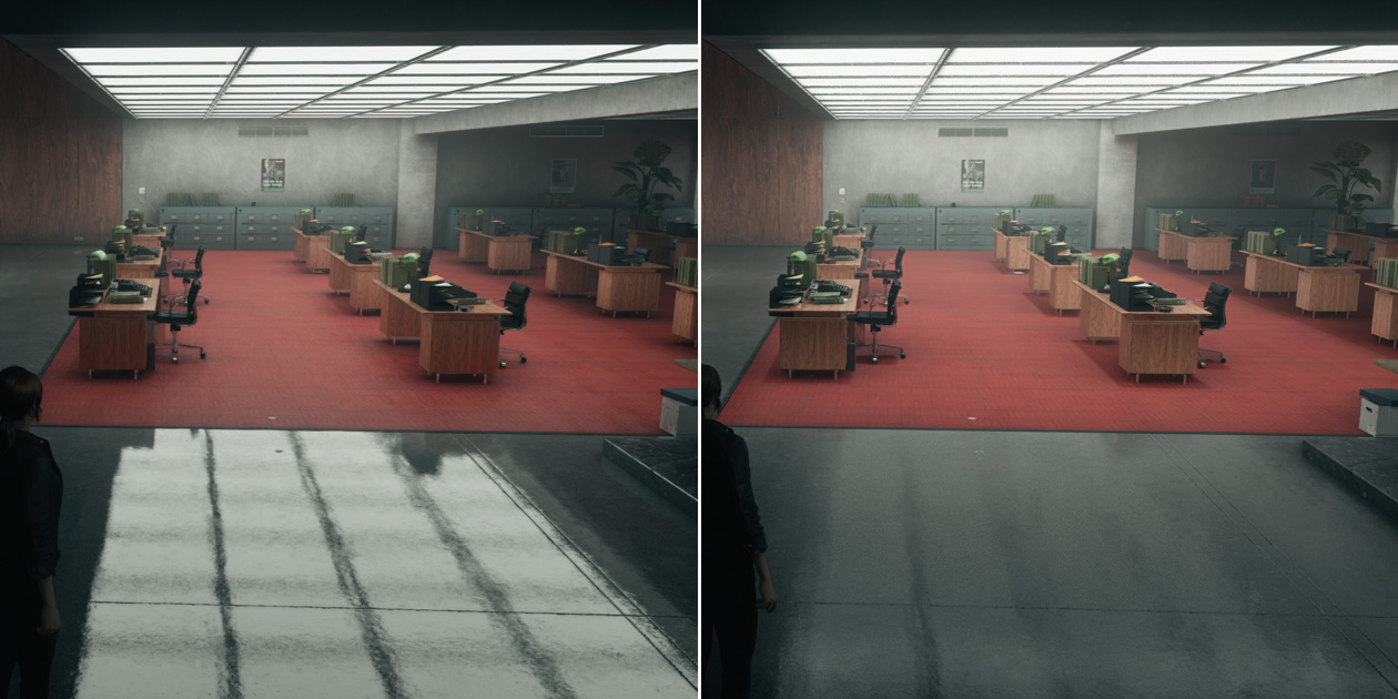 An image of the game Control, demonstrating the difference in visual detail with and without hardware-accelerated ray tracing