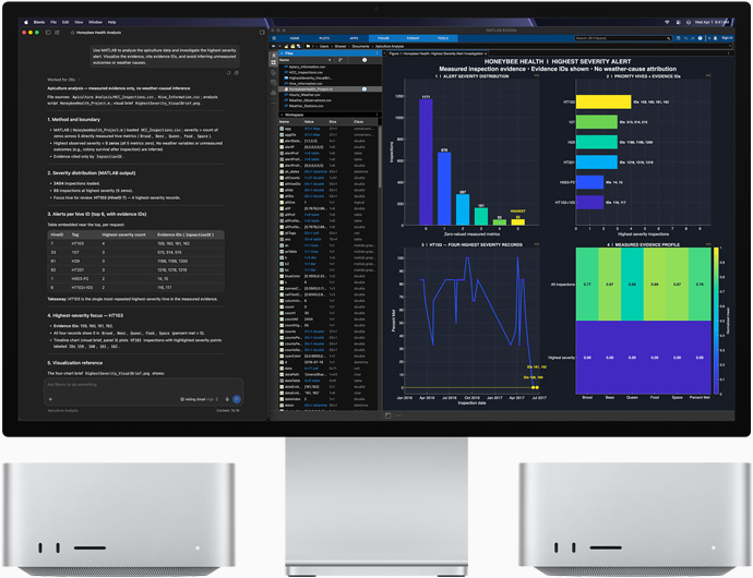 Studio Display XDR-skærm, der viser data om honningbiers sundhed i de to apps LM Studio Bionic og MATLAB, samt Mac Studio vist forfra