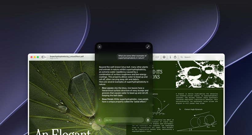 Demonstration af Siri og Visuel intelligens, brugeren spørger om et emne i en PDF på en Mac-skærm, Kan du give mig andre eksempler på superhydrofobe egenskaber i naturen?, Siris svar