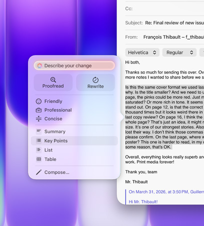 Schreibtools werden verwendet, um einen langen Textabsatz in einer E-Mail hervorzuheben, im Menü Schreibtools ist die Option «Hauptpunkte» ausgewählt, mit dem Symbol für eine Liste mit Bullet Points