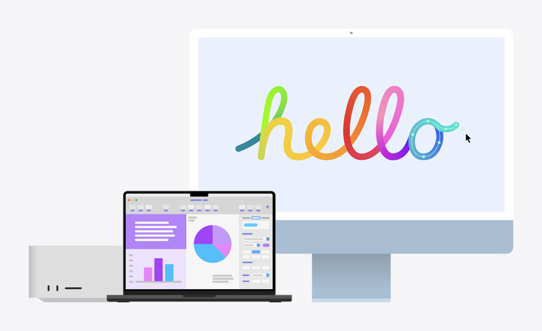 Mac Studio, MacBook Pro, and iMac grouped together with screens facing forward