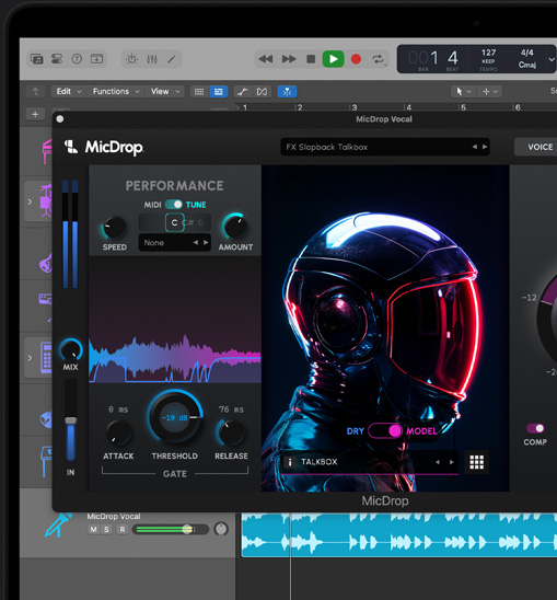 Screen content on MacBook Pro demonstrating MicDrop plug-in using AI features to edit a vocal recording on Logic Pro