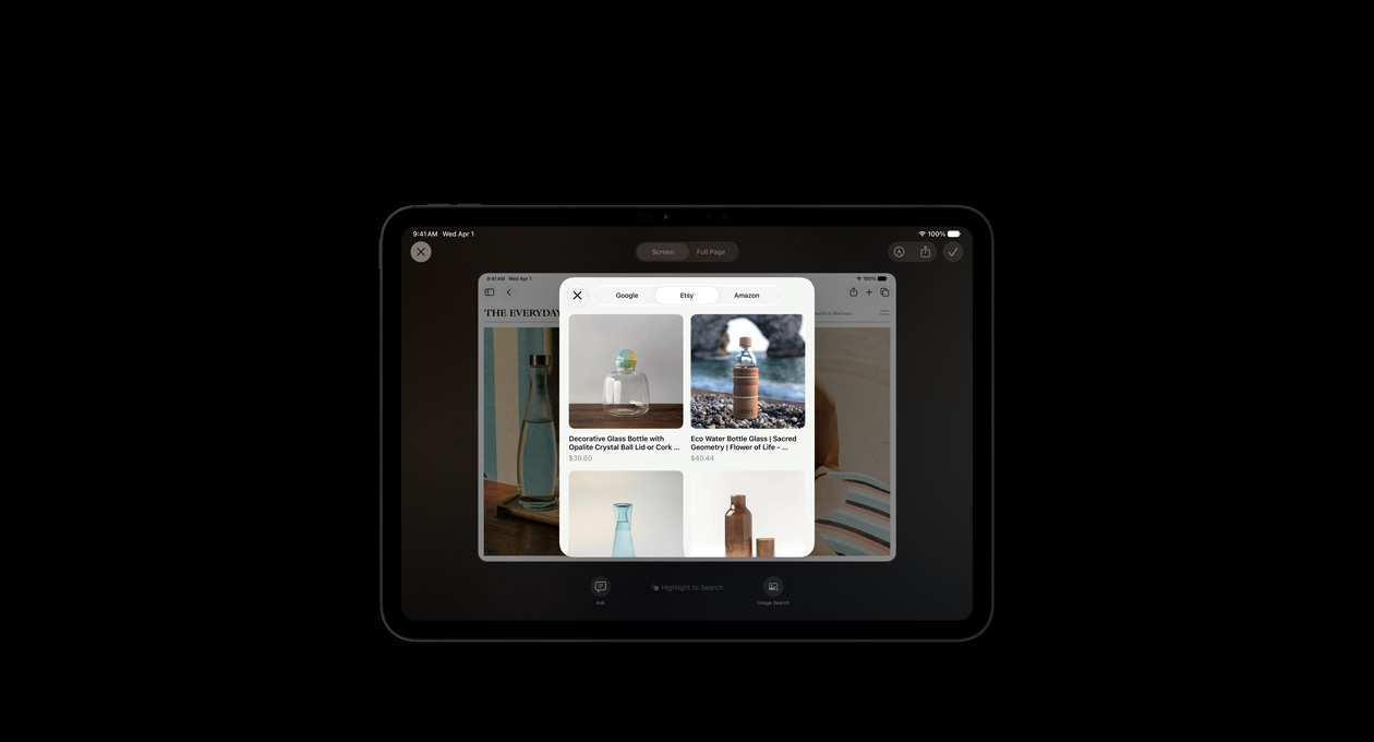 iPad Pro 11 i fargen stellarsvart vises. På skjermen vises et bilde av produkter som svar på et spørsmål til Visuell intelligens om glassflasker. Knappene Spør og Bildesøk vises under bildene