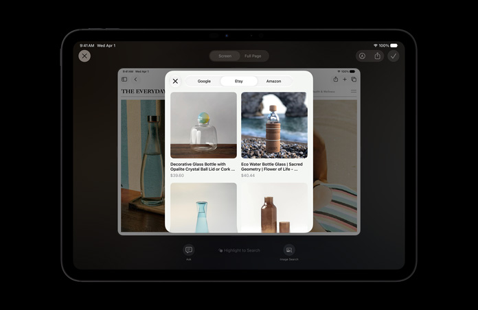 iPad Pro 11 i fargen stellarsvart vises. På skjermen vises et bilde av produkter som svar på et spørsmål til Visuell intelligens om glassflasker. Knappene Spør og Bildesøk vises under bildene