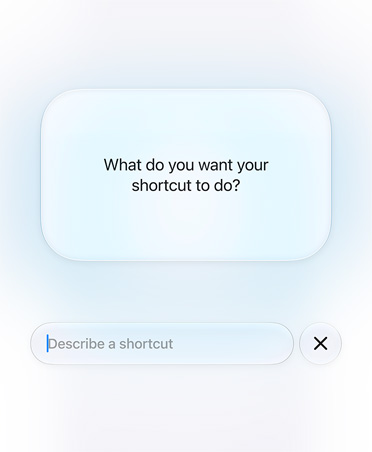 Ecrã apresenta uma pergunta e uma resposta entre o utilizador e a Siri AI sobre a intenção de um Atalho: "O que pretende que o seu atalho faça?"