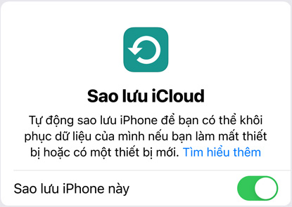 Màn hình hiển thị dữ liệu sử dụng Sao Lưu iCloud